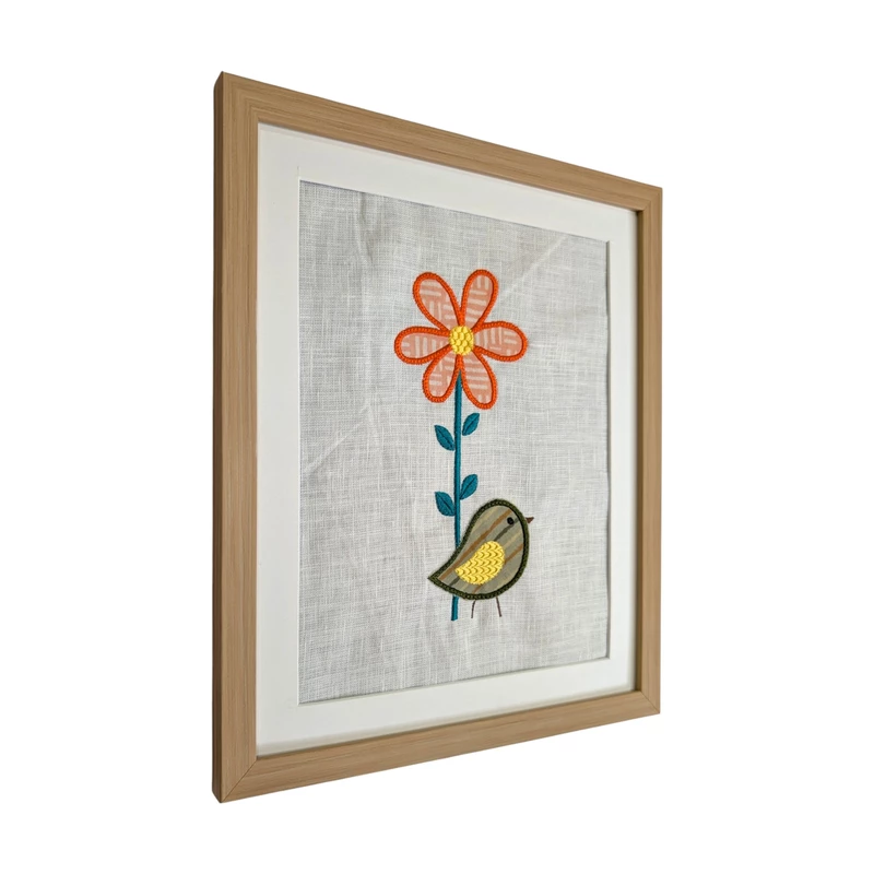 Bird with Flower Embroidered Textile Wall Art Frame with Applique