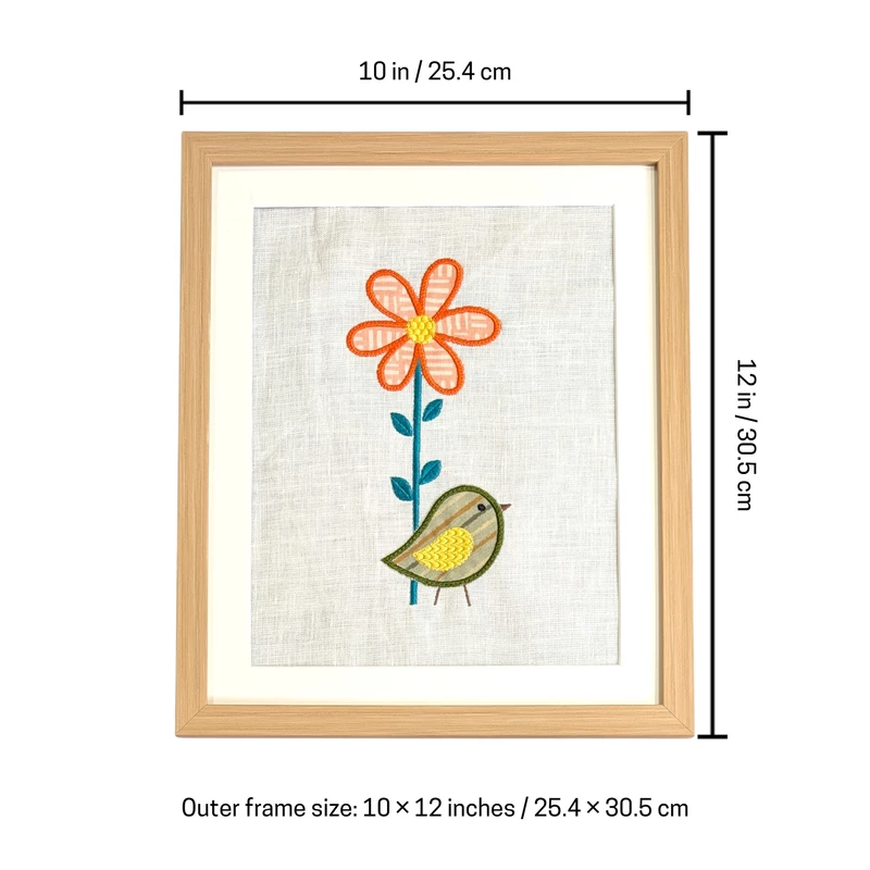 Bird with Flower Embroidered Textile Wall Art Frame with Applique