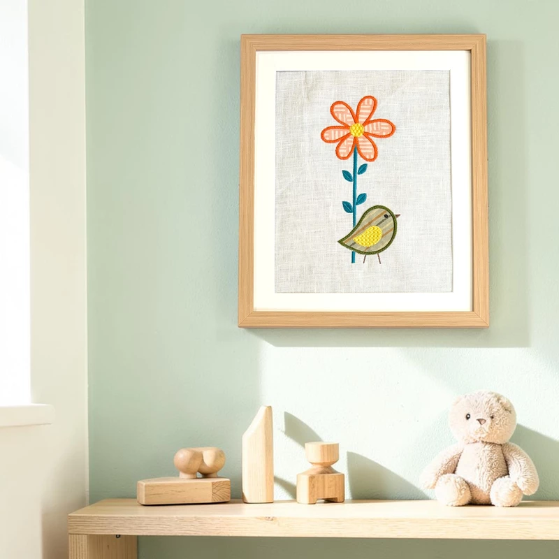 Bird with Flower Embroidered Textile Wall Art Frame with Applique
