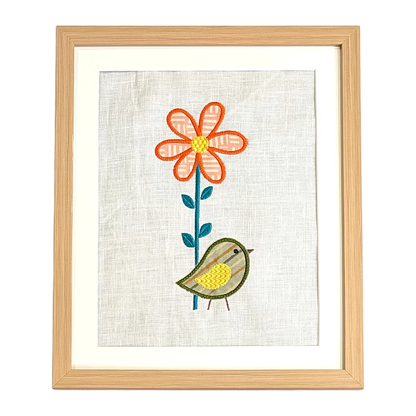 Bird with Flower Embroidered Textile Wall Art Frame with Applique