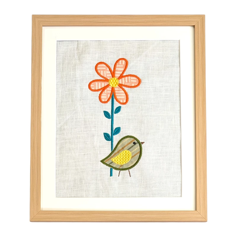 Bird with Flower Embroidered Textile Wall Art Frame with Applique