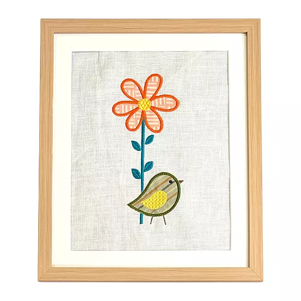 Bird with Flower Embroidered Textile Wall Art Frame with Applique