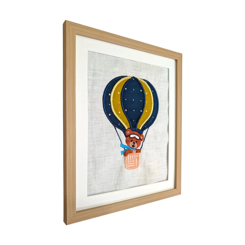Teddy Bear in Blue Hot Air Balloon Embroidered Textile Wall Art Frame with Applique