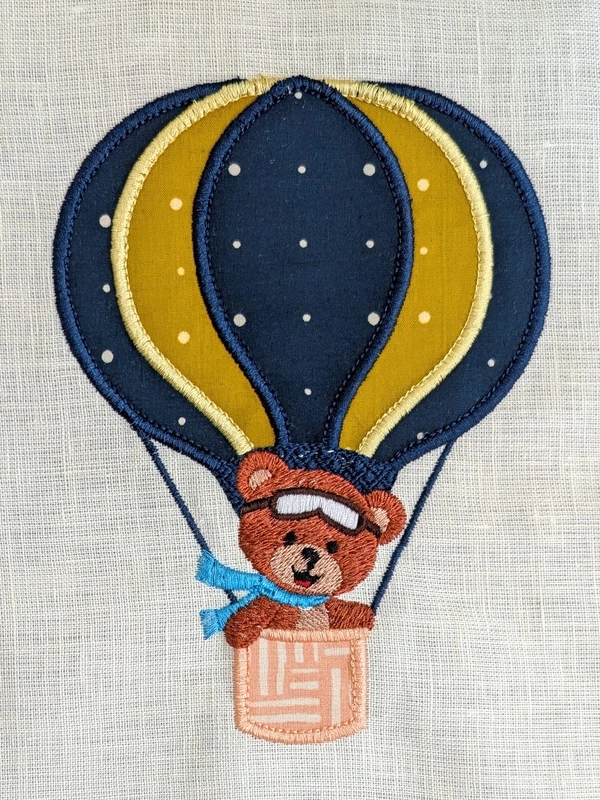 Teddy Bear in Blue Hot Air Balloon Embroidered Textile Wall Art Frame with Applique