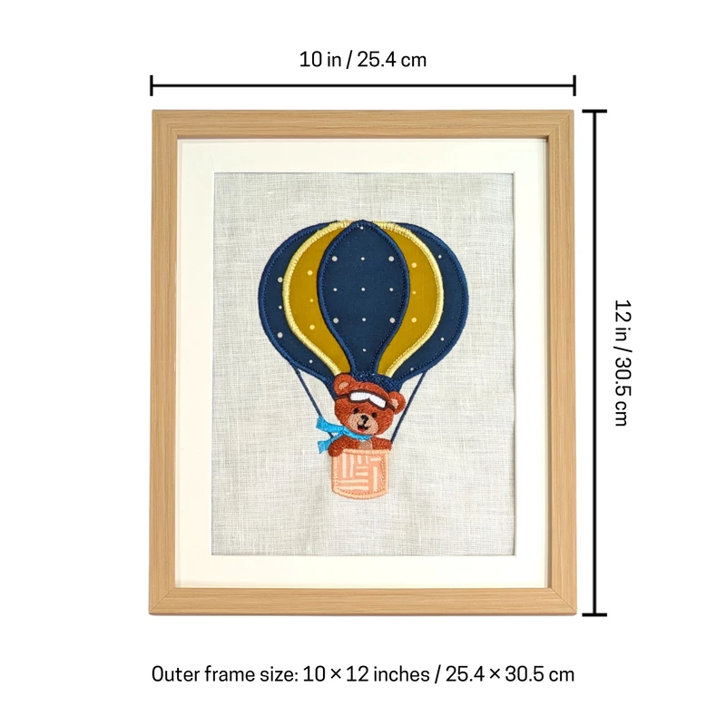 Teddy Bear in Blue Hot Air Balloon Embroidered Textile Wall Art Frame with Applique