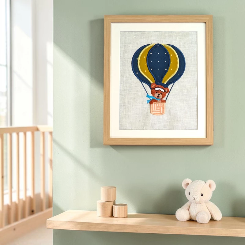 Teddy Bear in Blue Hot Air Balloon Embroidered Textile Wall Art Frame with Applique