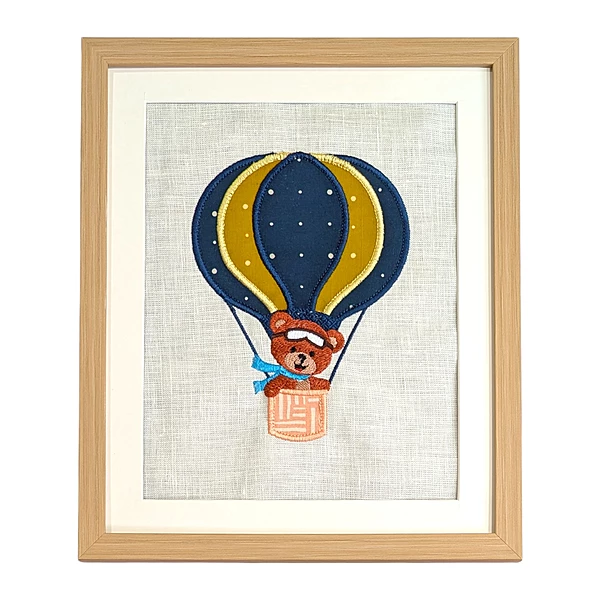 Teddy Bear in Blue Hot Air Balloon Embroidered Textile Wall Art Frame with Applique