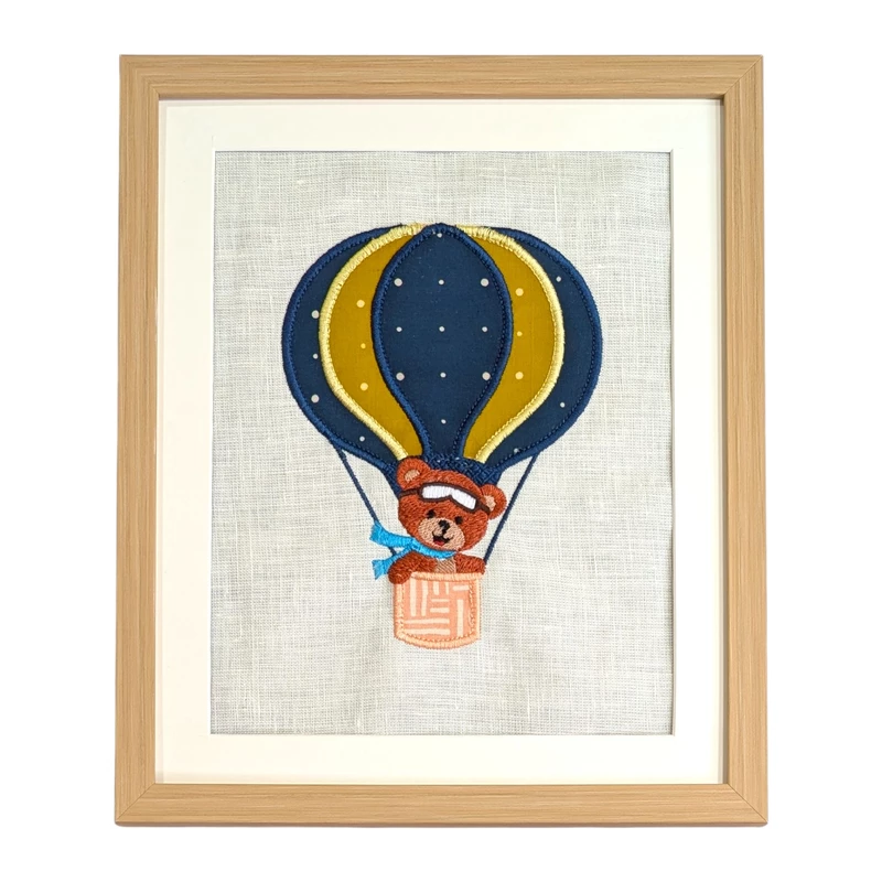 Teddy Bear in Blue Hot Air Balloon Embroidered Textile Wall Art Frame with Applique
