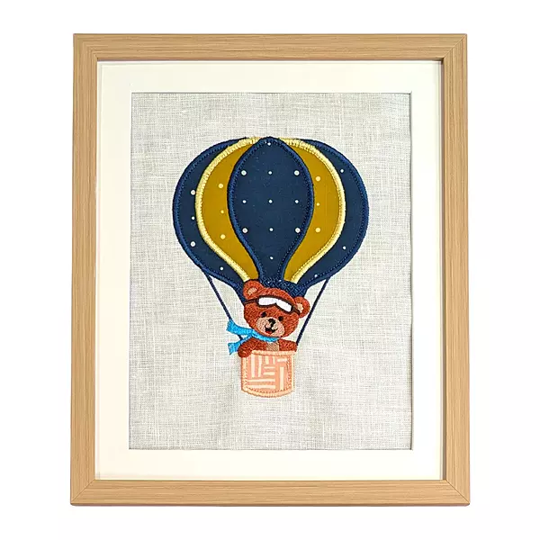 Teddy Bear in Blue Hot Air Balloon Embroidered Textile Wall Art Frame with Applique