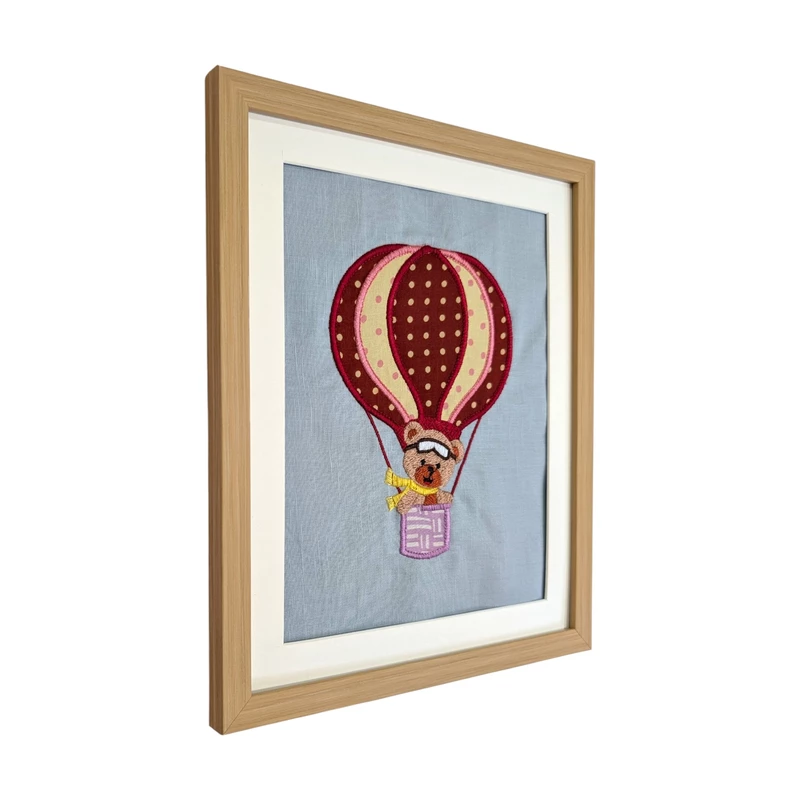 Teddy Bear in Red Hot Air Balloon Embroidered Textile Wall Art Frame with Applique