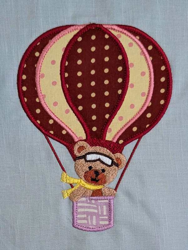 Teddy Bear in Red Hot Air Balloon Embroidered Textile Wall Art Frame with Applique