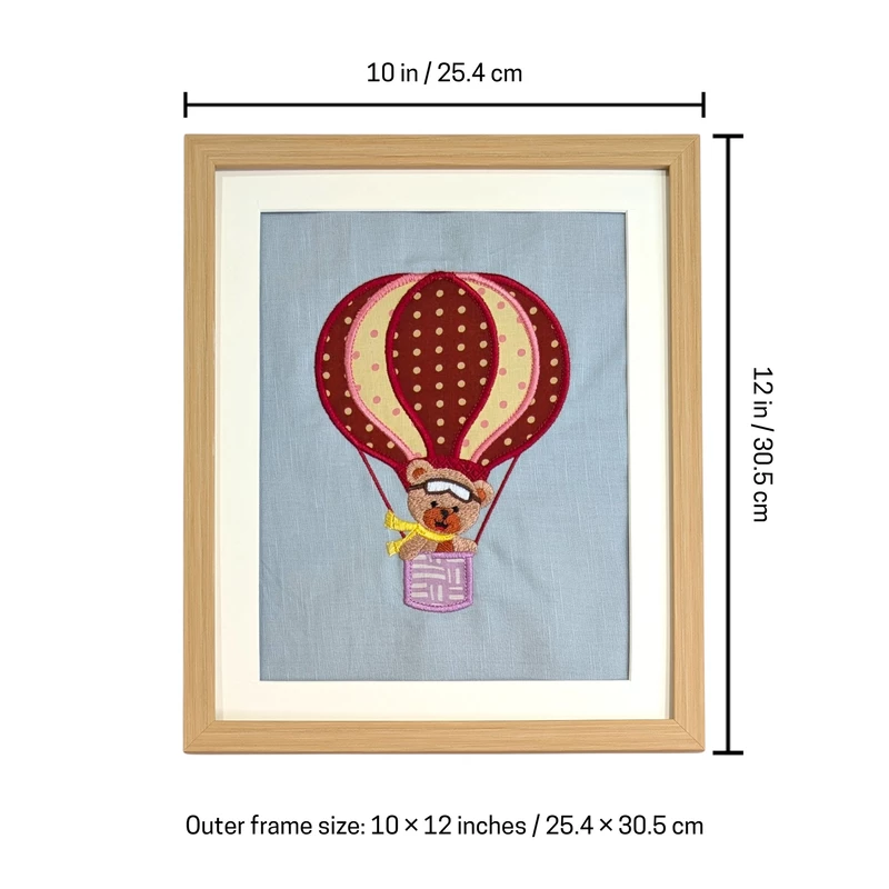 Teddy Bear in Red Hot Air Balloon Embroidered Textile Wall Art Frame with Applique
