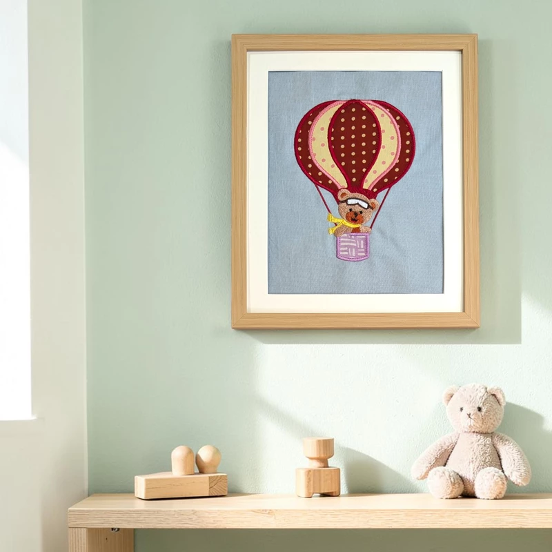 Teddy Bear in Red Hot Air Balloon Embroidered Textile Wall Art Frame with Applique