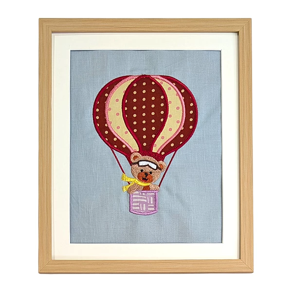 Teddy Bear in Red Hot Air Balloon Embroidered Textile Wall Art Frame with Applique