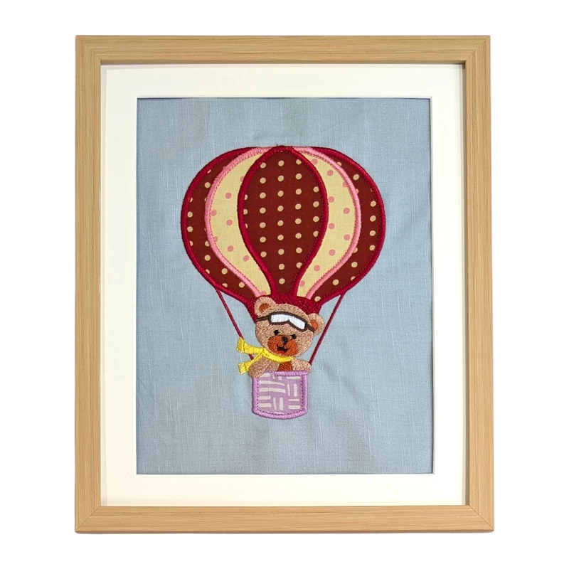 Teddy Bear in Red Hot Air Balloon Embroidered Textile Wall Art Frame with Applique