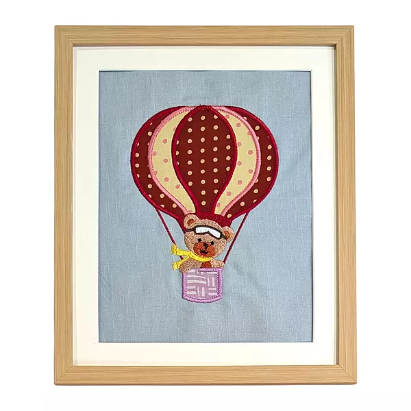 Teddy Bear in Red Hot Air Balloon Embroidered Textile Wall Art Frame with Applique
