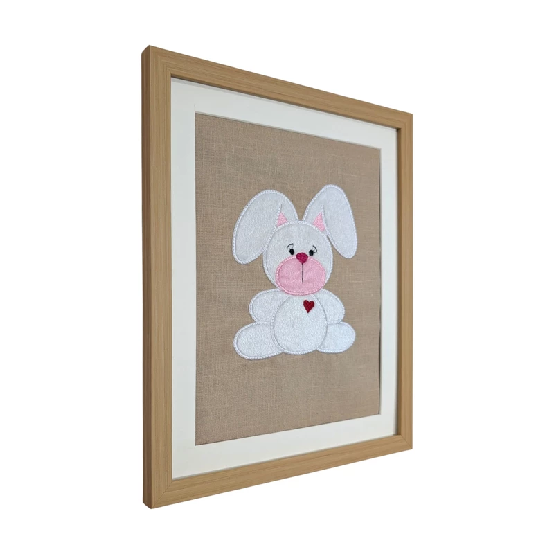 Rabbit Bunny - White Embroidered Textile Wall Art Frame with Applique