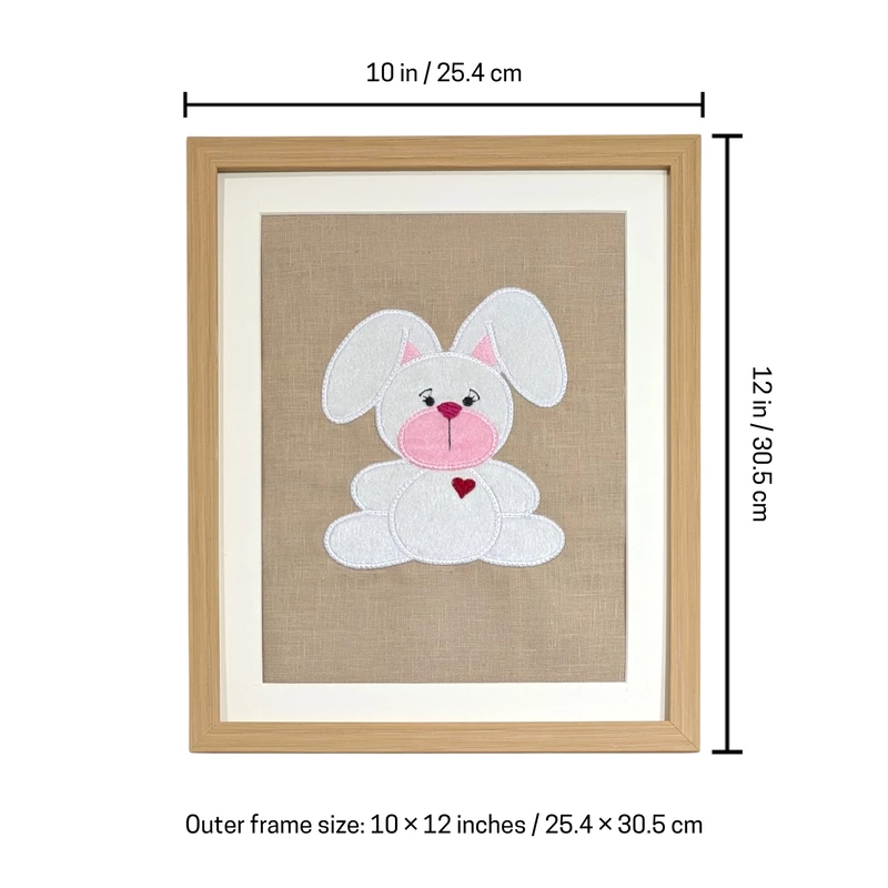 Rabbit Bunny - White Embroidered Textile Wall Art Frame with Applique