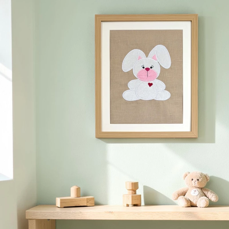 Rabbit Bunny - White Embroidered Textile Wall Art Frame with Applique