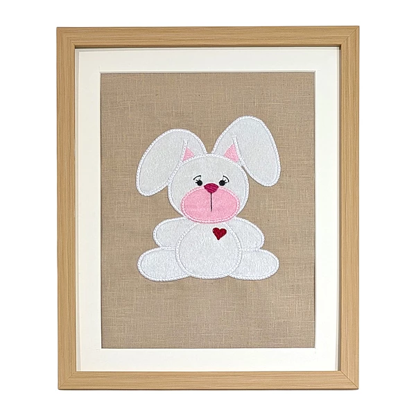 Rabbit Bunny - White Embroidered Textile Wall Art Frame with Applique