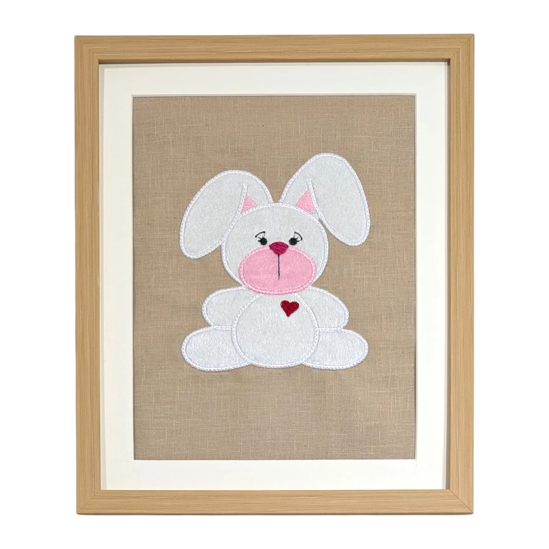 Rabbit Bunny - White Embroidered Textile Wall Art Frame with Applique