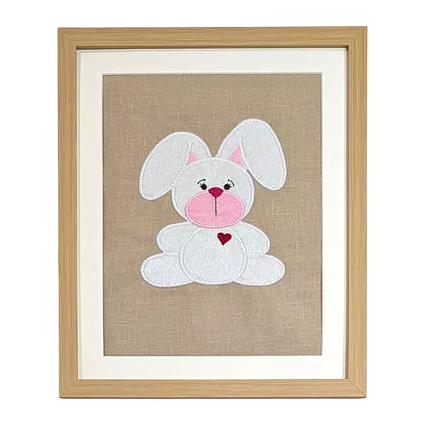 Rabbit Bunny - White Embroidered Textile Wall Art Frame with Applique