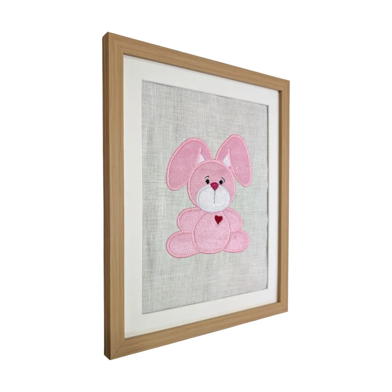Rabbit Bunny - Pink Embroidered Textile Wall Art Frame with Applique