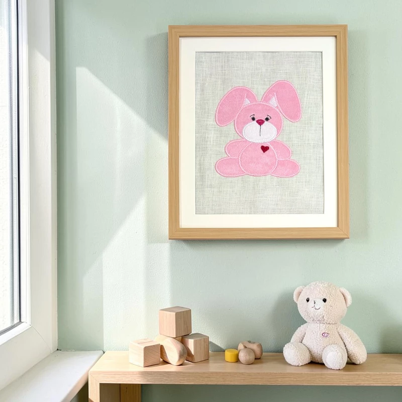 Rabbit Bunny - Pink Embroidered Textile Wall Art Frame with Applique