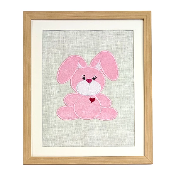 Rabbit Bunny - Pink Embroidered Textile Wall Art Frame with Applique
