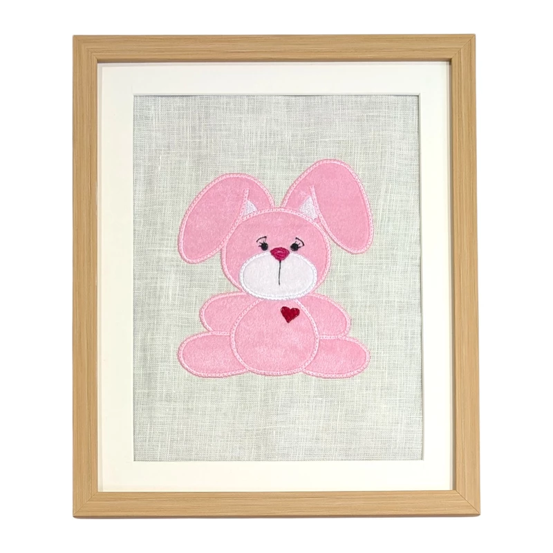 Rabbit Bunny - Pink Embroidered Textile Wall Art Frame with Applique