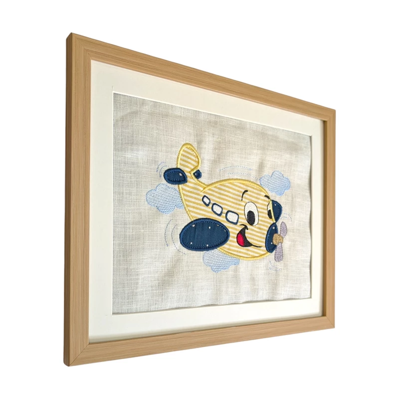 Aeroplane - Yellow Embroidered Textile Wall Art Frame with Applique