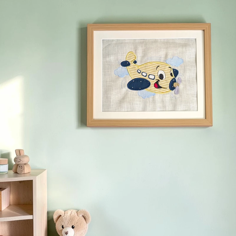 Aeroplane - Yellow Embroidered Textile Wall Art Frame with Applique