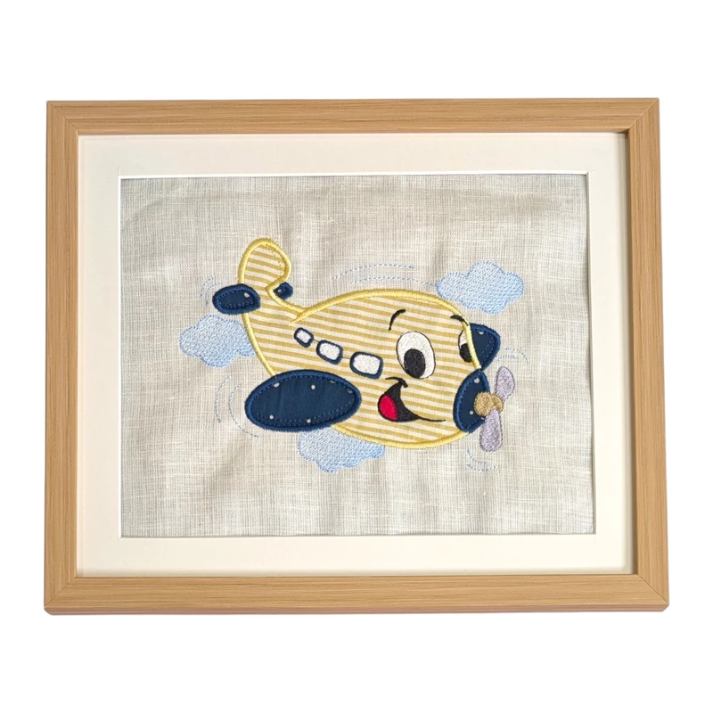 Aeroplane - Yellow Embroidered Textile Wall Art Frame with Applique