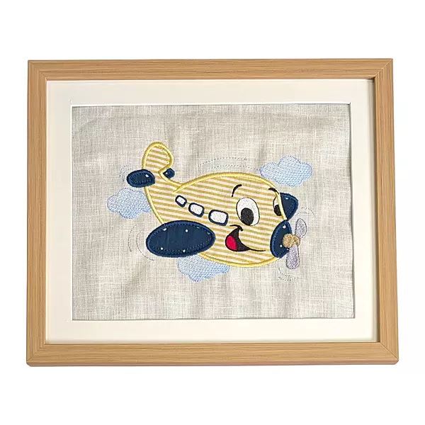 Aeroplane - Yellow Embroidered Textile Wall Art Frame with Applique
