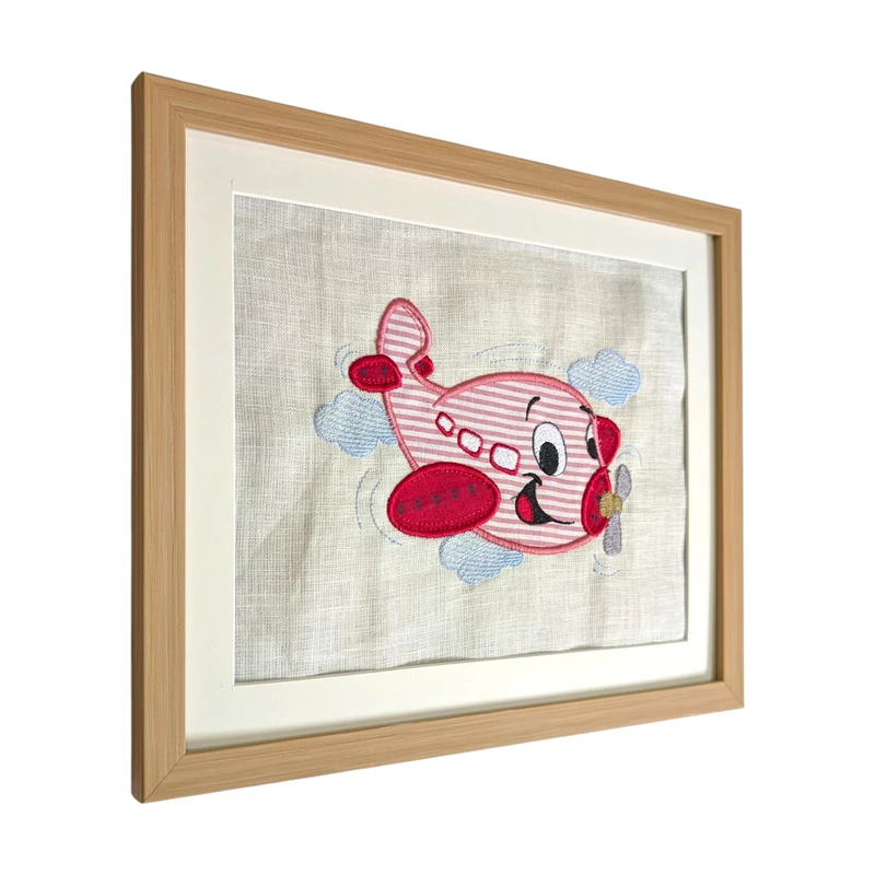 Aeroplane - Red Embroidered Textile Wall Art Frame with Applique