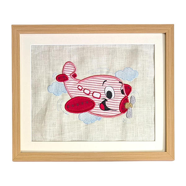 Aeroplane - Red Embroidered Textile Wall Art Frame with Applique