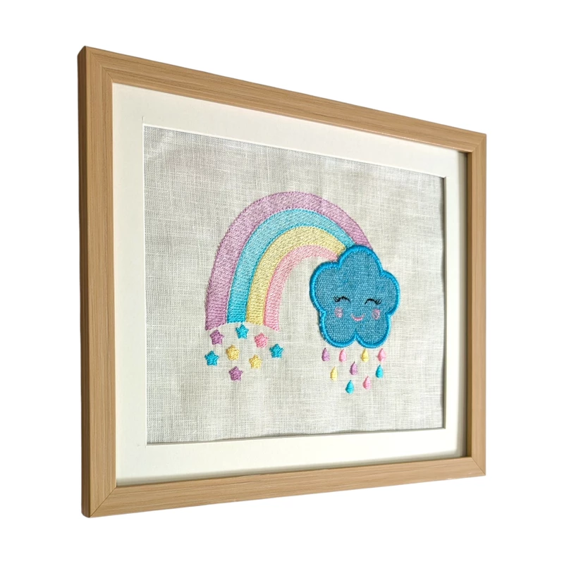 Blue Cloud with Pastel Rainbow Embroidered Textile Wall Art Frame with Applique