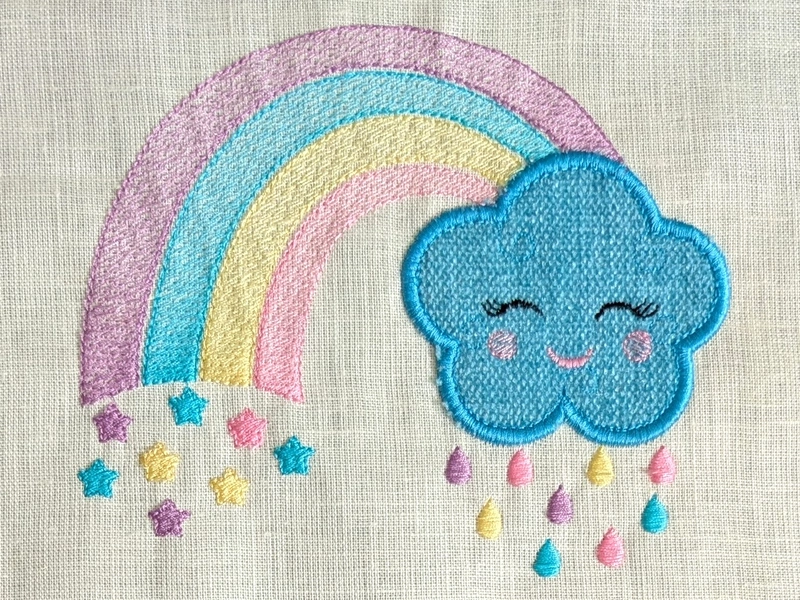Blue Cloud with Pastel Rainbow Embroidered Textile Wall Art Frame with Applique