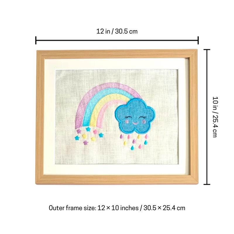 Blue Cloud with Pastel Rainbow Embroidered Textile Wall Art Frame with Applique