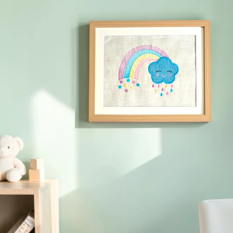 Blue Cloud with Pastel Rainbow Embroidered Textile Wall Art Frame with Applique
