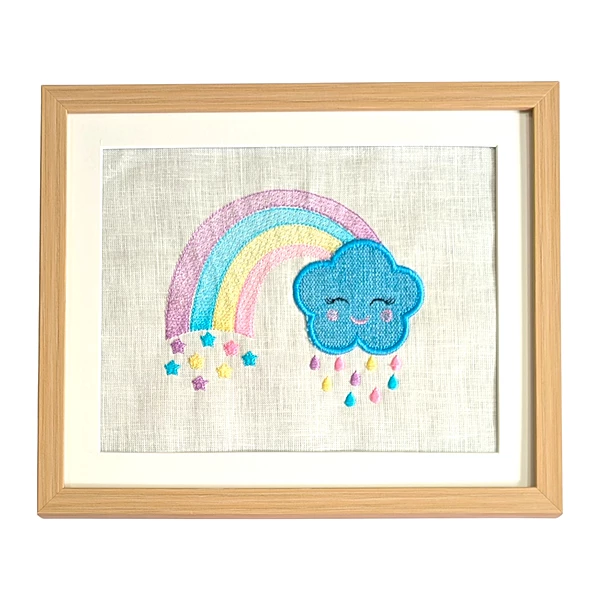 Blue Cloud with Pastel Rainbow Embroidered Textile Wall Art Frame with Applique
