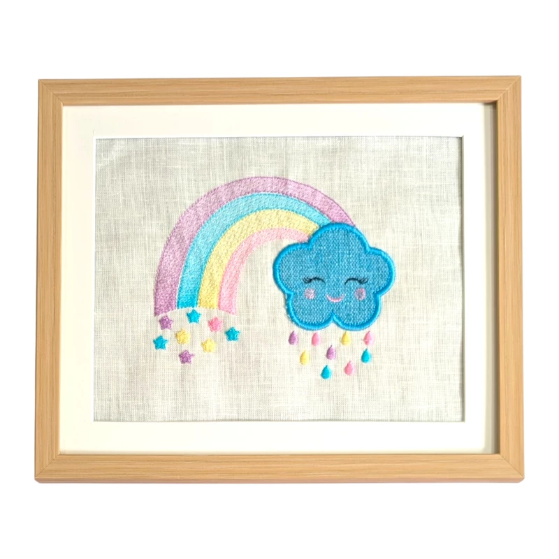 Blue Cloud with Pastel Rainbow Embroidered Textile Wall Art Frame with Applique