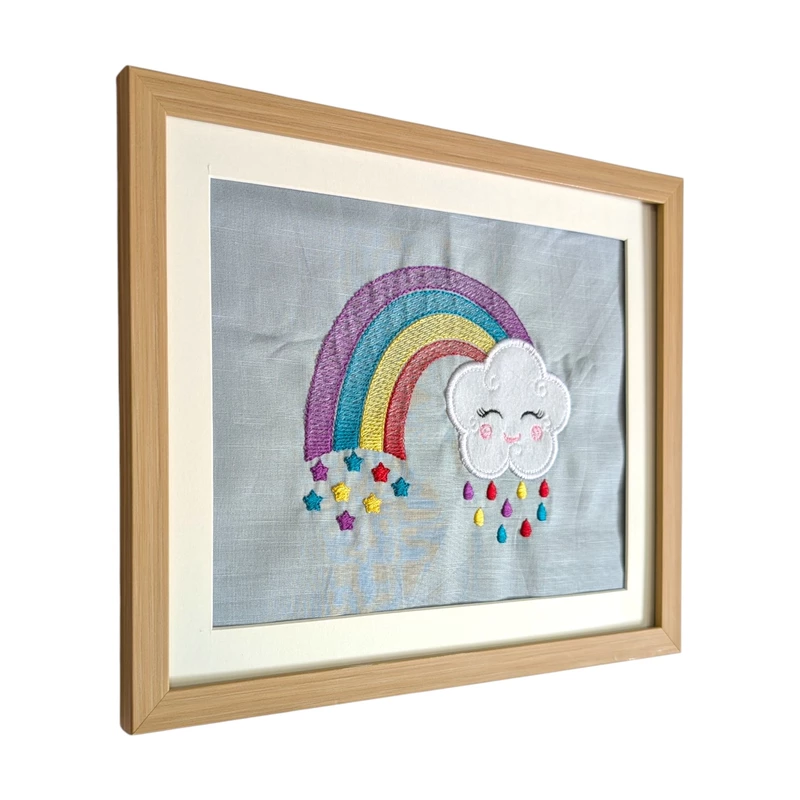 White Cloud with Bright Rainbow Embroidered Textile Wall Art Frame with Applique