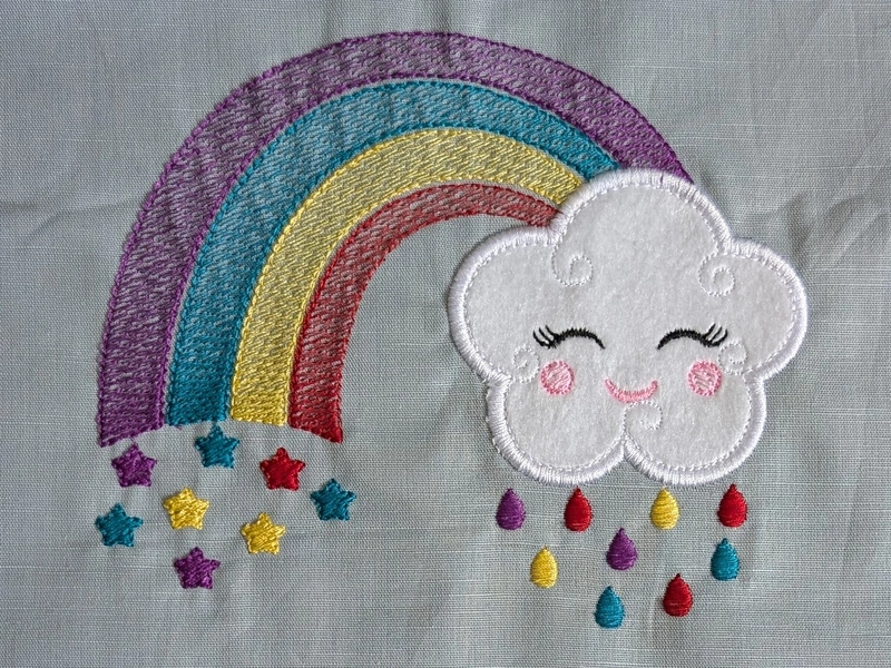 White Cloud with Bright Rainbow Embroidered Textile Wall Art Frame with Applique