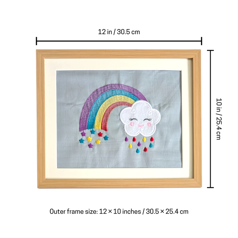 White Cloud with Bright Rainbow Embroidered Textile Wall Art Frame with Applique