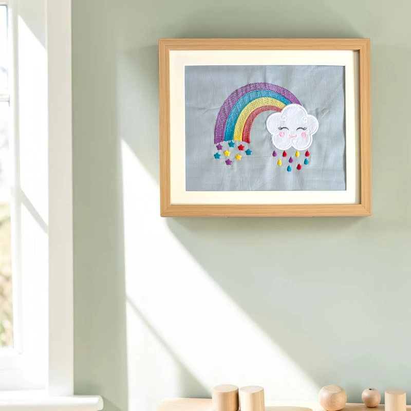 White Cloud with Bright Rainbow Embroidered Textile Wall Art Frame with Applique