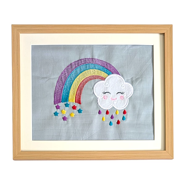 White Cloud with Bright Rainbow Embroidered Textile Wall Art Frame with Applique