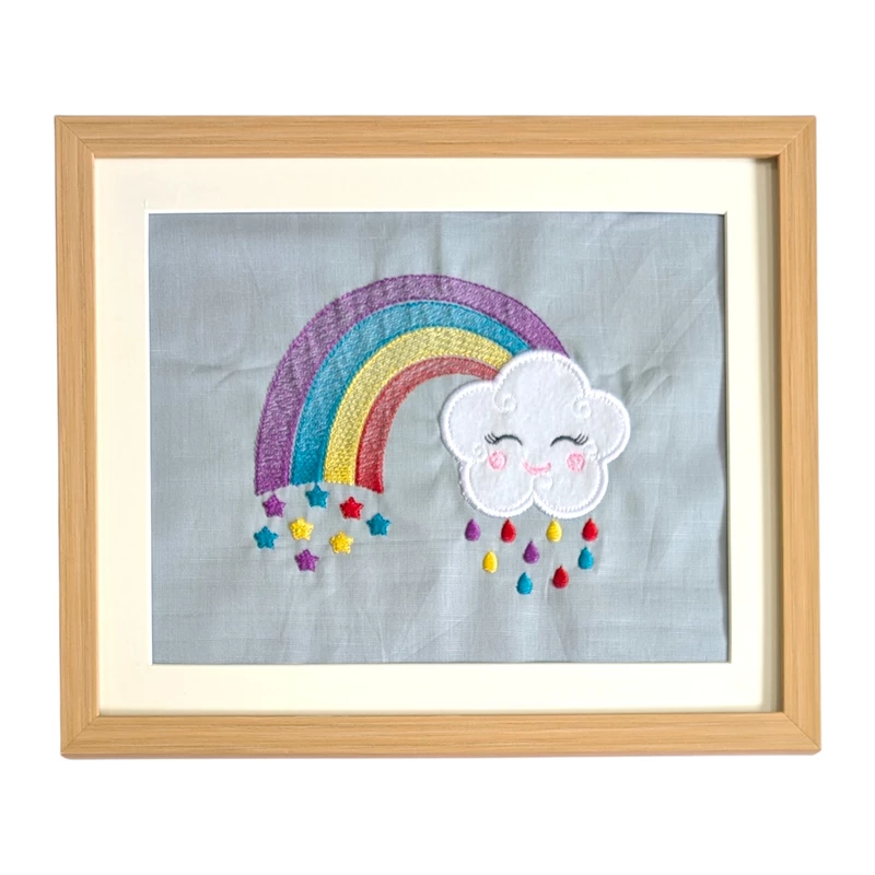 White Cloud with Bright Rainbow Embroidered Textile Wall Art Frame with Applique