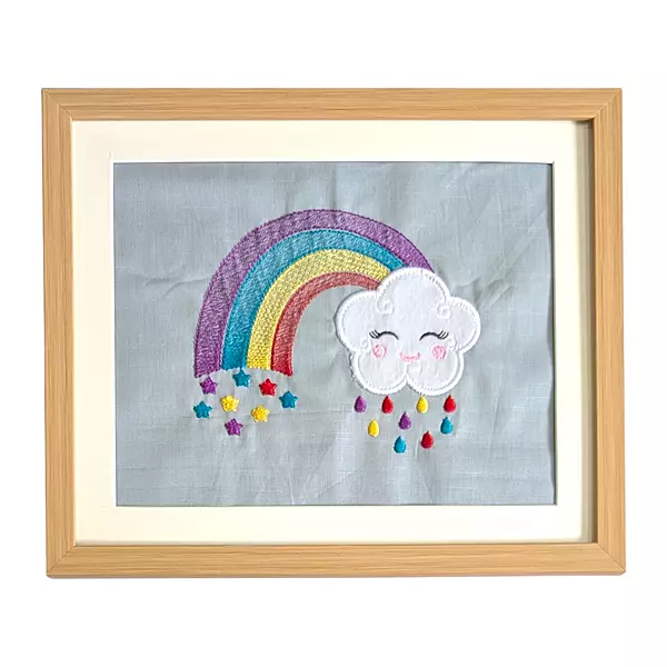 White Cloud with Bright Rainbow Embroidered Textile Wall Art Frame with Applique
