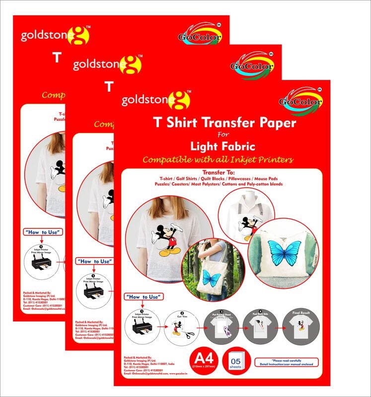 T Shirt Transfer Inkjet Photo Paper for Light Fabrics A4/15 Sheets 3 PACKETS OF 5 SHEETS T Shirt Transfer Inkjet Photo Paper for Light Fabrics A4/15 Sheets 3 PACKETS OF 5 SHEETS